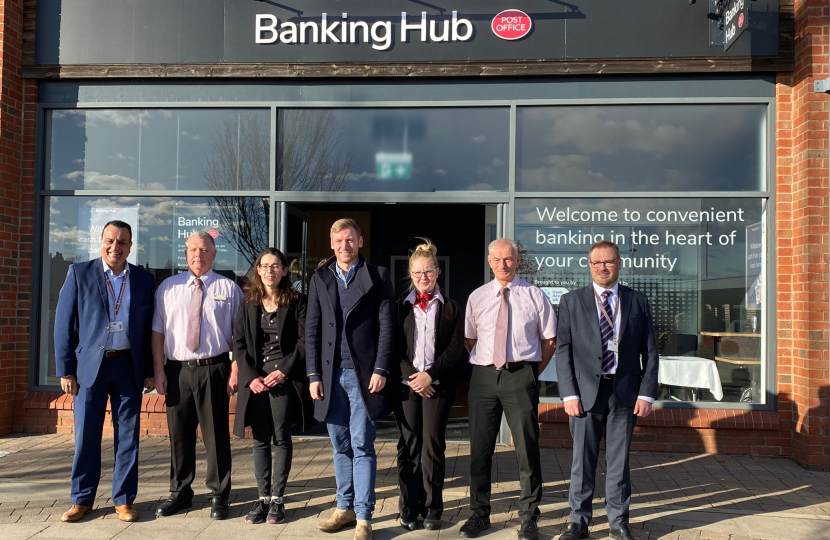 Lee Rowley MP outside Clay Cross banking hub after ribbon cutting ceremony.