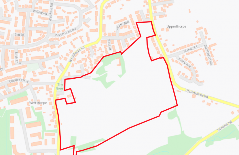 Map highlighting in red the proposed area for development next to Westthorpe Road 