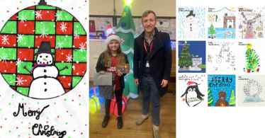 Winning design with the winner Evie from Marsh Lane and Lee Rowley MP and back of card design